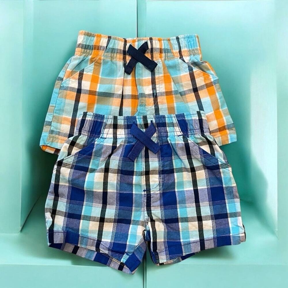 Garanimals Baby Boys 2-Pack Orange and Blue Plaid Shorts, Sizes 0-3mos
